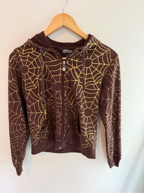Crest Brown Zip Hoodie with Gold Web Print